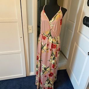 Floral tan maxi dress red and yellow flowers.